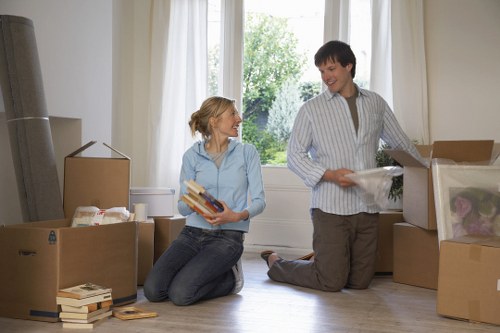 A neatly arranged storage area used for household and business items