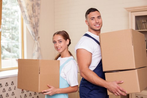 Packed furniture and home items in storage